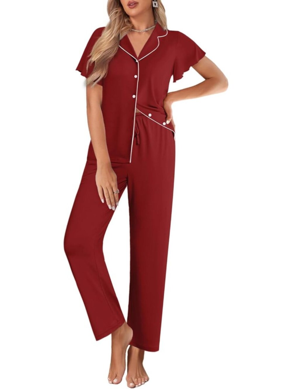 Women Burgundy Notch Lapel Ruffle Sleeve Button Up with Long Pajamas Sets